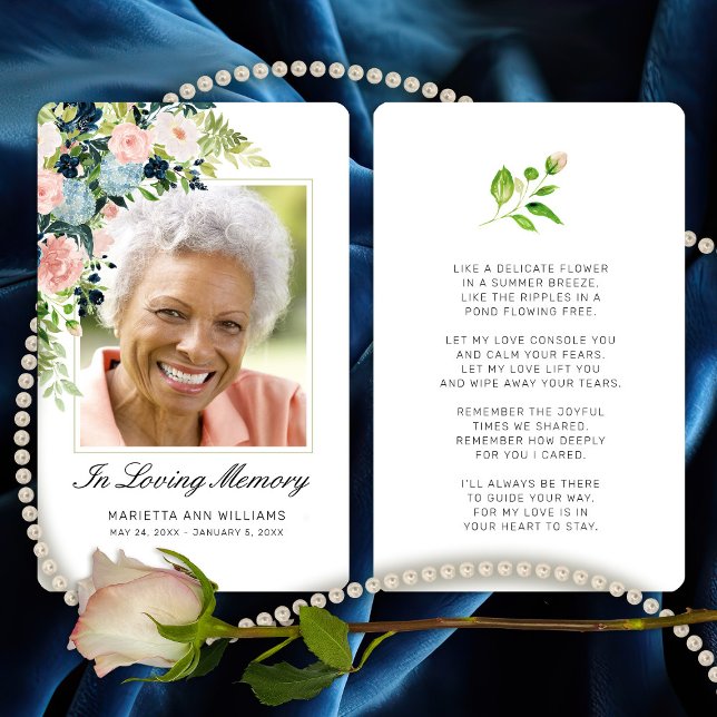 Sympati Rosa Blue Ro Blommigt Photo Prayer Card Visitkort (In Loving Memory Pink Blue Watercolor Floral Photo Poem Card)