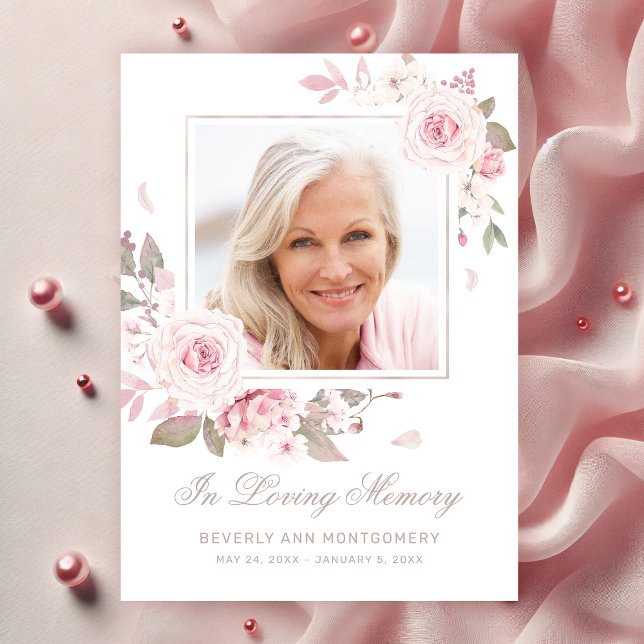 Sympati Rosa ros Blommigt Guld Kor fotobegraver i Tack Kort (Sympathy Pink Roses Photo Religious Funeral Thank You Card)
