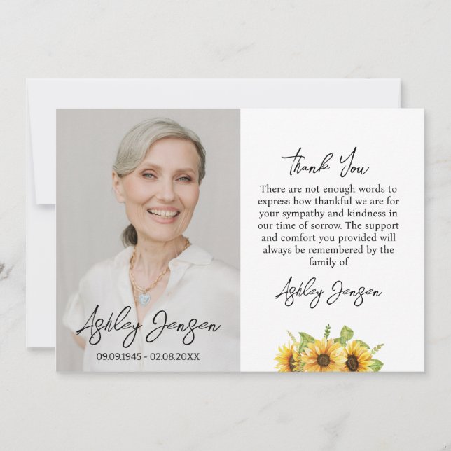 Sympati Solrosfoto Funeral Tack you Card (Framsida)