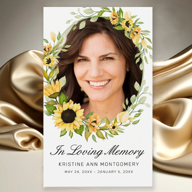 Sympati Solrossvart fotokort för skript - Dikt Visitkort (Elegant Yellow Sunflower Photo In Loving Memory Memorial Funeral Card with Poem)