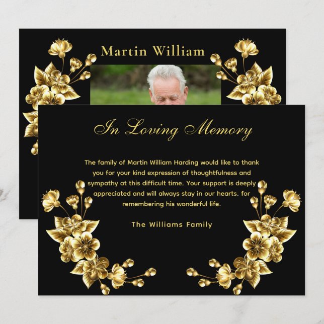 Sympati Svart guld blommigt-budget tack för fotot Kort (Fram/baksida)