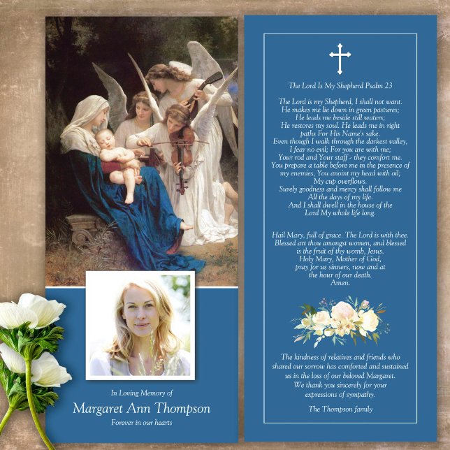 Sympati välsignad Mary Funeral, tackkort (Catholic, Religious, Celebration of Life, In Loving Memory of, Forever in our hearts, funeral cards)