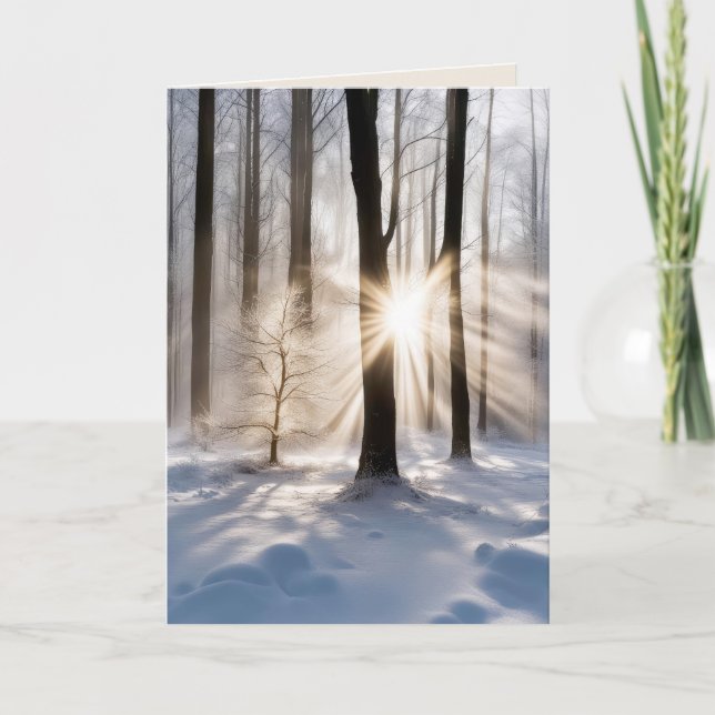 Sympatiska solstrålar i vinter skog kort (Framsida)
