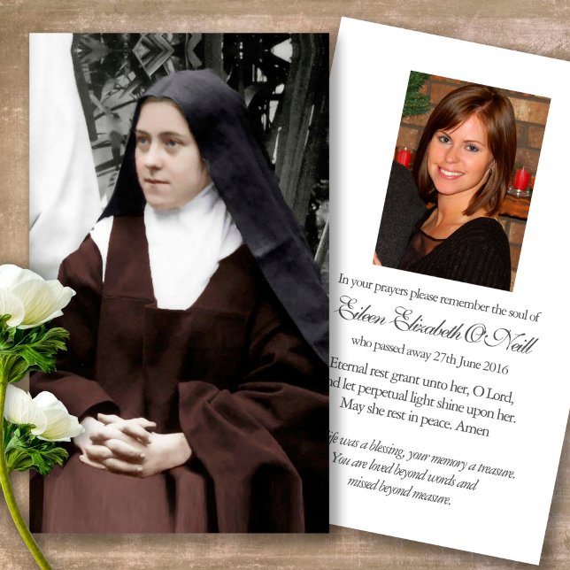Sympatiskort för den katolska St Thérèse Prayer Visitkort (catholic, religious, celebration of life, in loving memory of, prayer cards for bereavement)