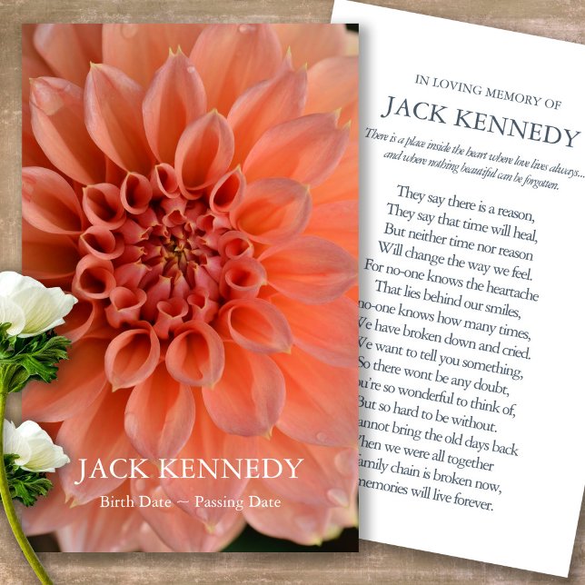 Sympatiskort för Funeral Loss Dahlia Memorial Pray Visitkort (Forever in our hearts, celebration of life, in loving memory of, prayer cards for bereavement)