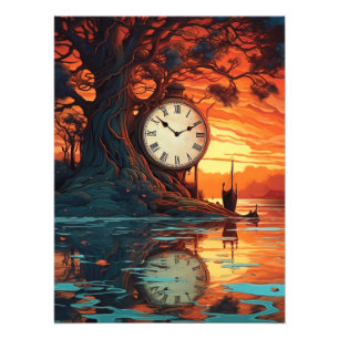 Symphony of Time - A Clock's Reflection at Sunset Fototryck