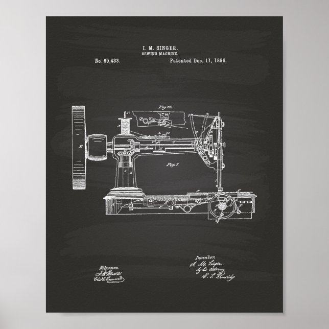 Syning av Maskin 1866 Patent Art Chalkboard Poster (Framsidan)