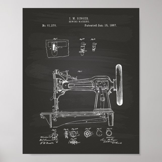 Syning av Maskin 1867 Patent Art Chalkboard Poster (Framsidan)