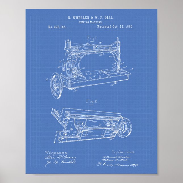 Syning av Maskin 1885 Patent Art - Blåkopia Poster (Framsidan)