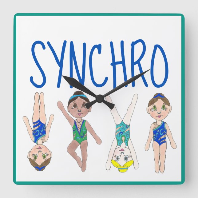 Synkroniserad Swimmer Girls Simma Team Synchro Fyrkantig Klocka (Framsida)