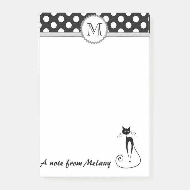 Synlig söt, svart katt polka dots monogram post-it block (Framsida)