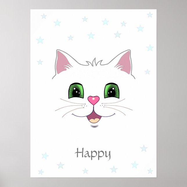 Synlig söt vit katt ansikte och stjärnor poster (Framsidan)