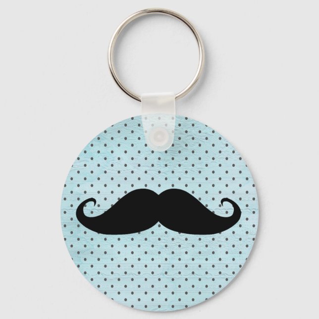 Synlig svart mustache på Teal Blue Polka dots Nyckelring (Framsida)