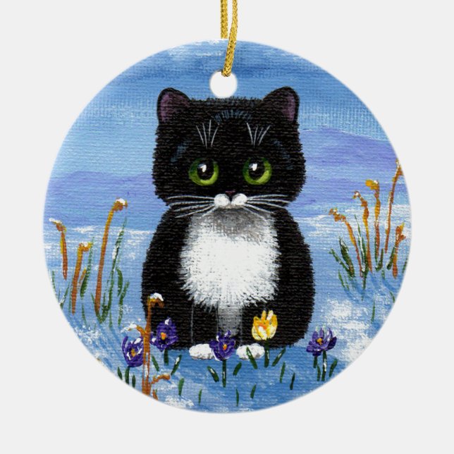 Synliga svarta Tuxedo Cat Winter Snö Creationarts Julgransprydnad Keramik (Framsidan)