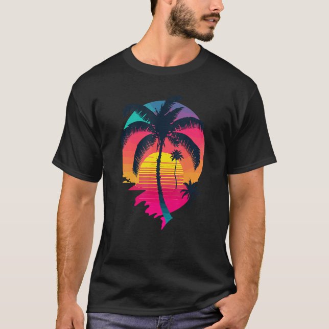 Synth Island Solnedgång Synthwave Estetik Palmträd T Shirt (Framsida)
