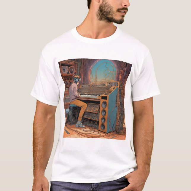 Synth Odyssey: Intricate Moebius-Inspired Musical T Shirt (Framsida)