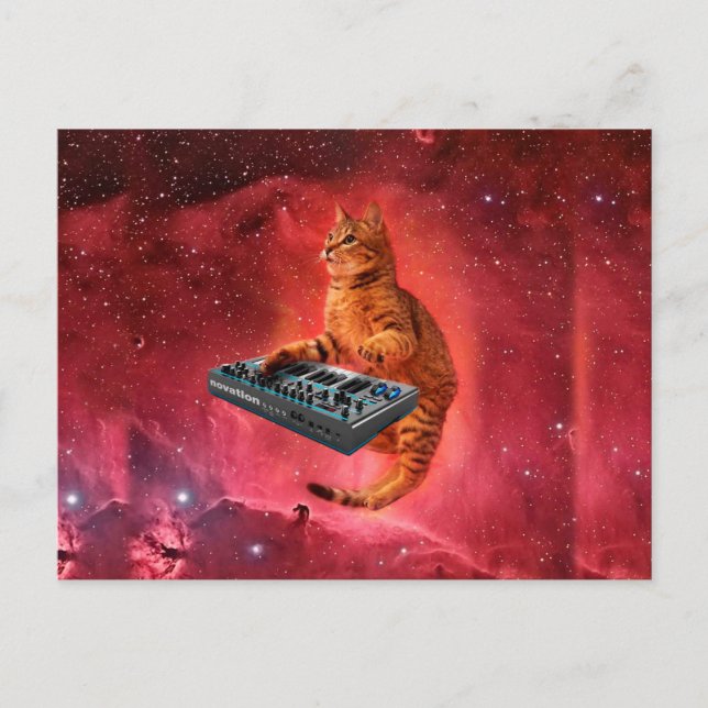 Synthesizer katt i rött utrymme vykort (Framsida)