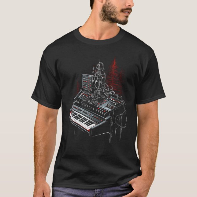 Synthesizer Music EDM Tangentbord Julgranar Mus T Shirt (Framsida)