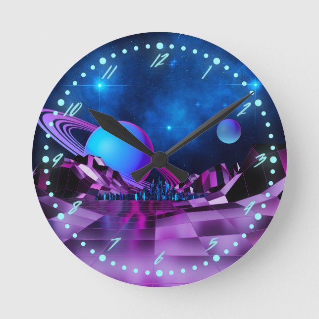 Synthwave 1980's Retro Space Time Wall Clock Rund Klocka (Framsida)
