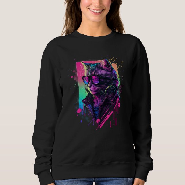Synthwave Aesthetic Cat Vaporwave Cat  90s Retro C T Shirt (Framsida)