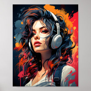 Synthwave Art nouveau Punk GIRL Listning to Music Poster