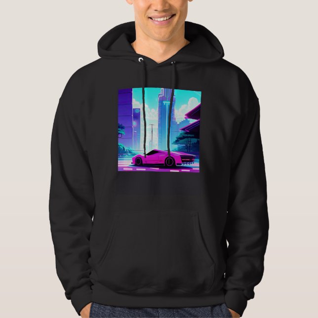 Synthwave-bil för överkörning retrowave futuresynt hoodie (Framsida)