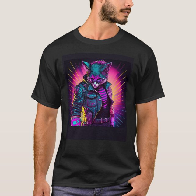 Synthwave Cat Retro 80s Vibe T Shirt (Framsida)