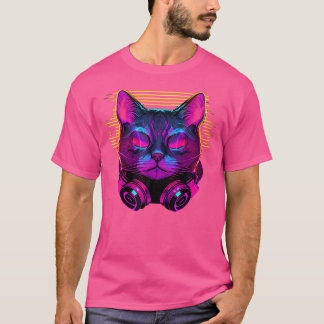 Synthwave Cyberdelic 80S Cat Dj-hörlurar Cyber A T Shirt