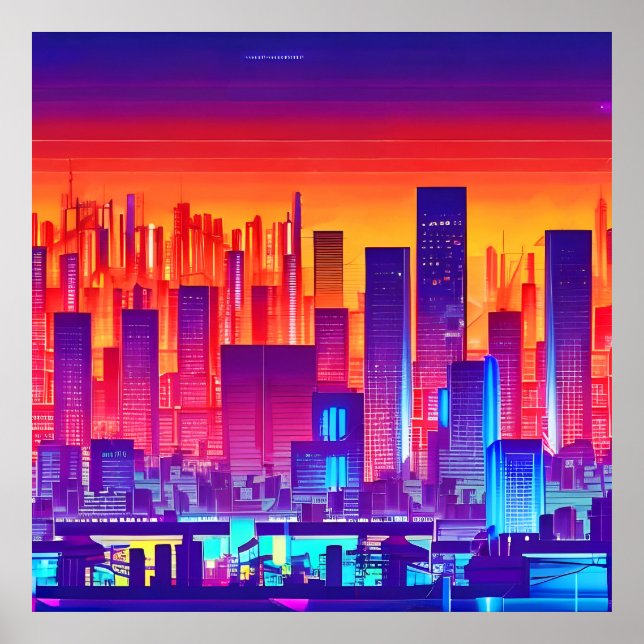Synthwave/Cyberpunk City vid Sunset Poster (Framsidan)
