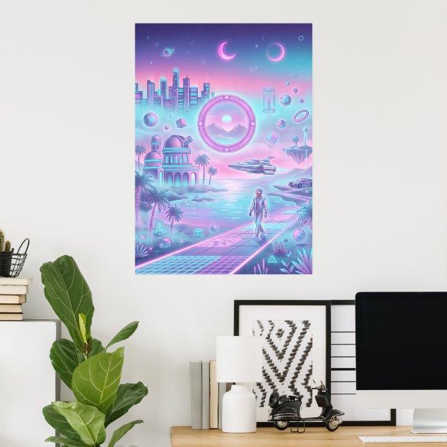 Synthwave Futuristisk Stad Poster | Neon Sci-Fi Vä (Hemmakontoret)
