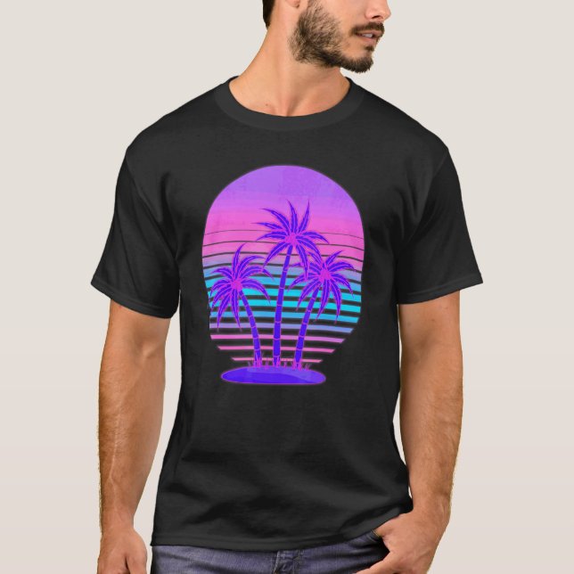 Synthwave Handflatan Träd Retro 80-talets Vaporwav T Shirt (Framsida)