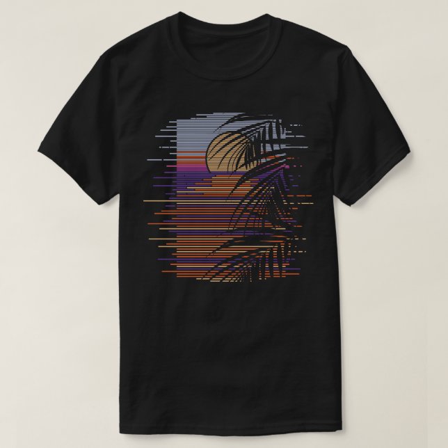 Synthwave Handflatan Träd, Tropical Beach Sunset,  T Shirt (Design framsida)