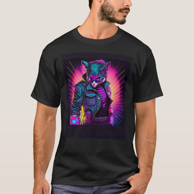 Synthwave Katt Retro 80-tals Vibe T Shirt (Framsida)