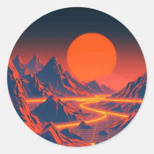 Synthwave liggande med Neon-bergen Runt Klistermärke