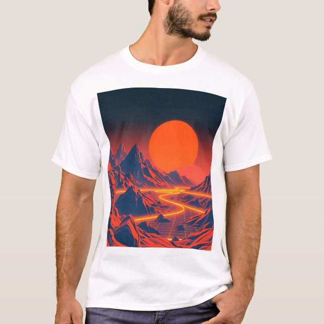 Synthwave liggande med Neon-bergen T Shirt (Framsida)