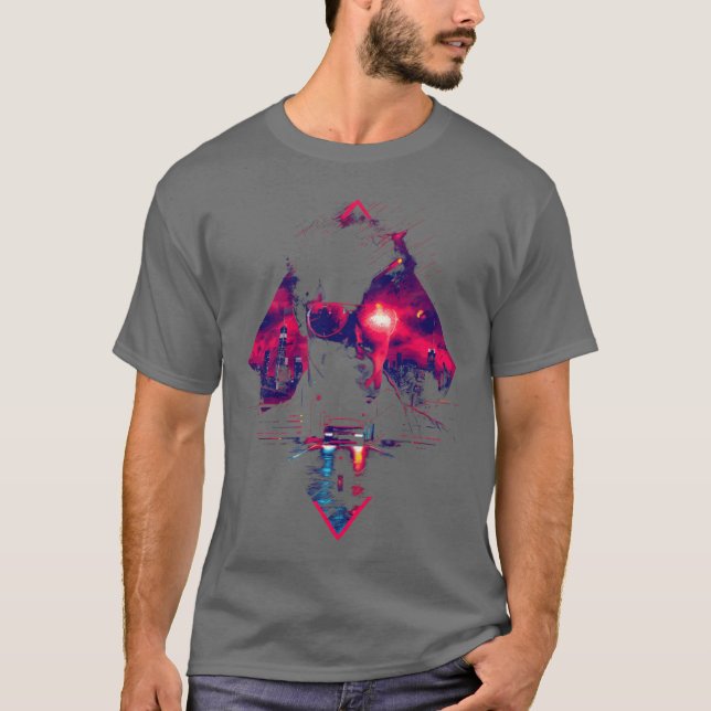 Synthwave Man Retro Car City Vaporwave 90s family  T Shirt (Framsida)
