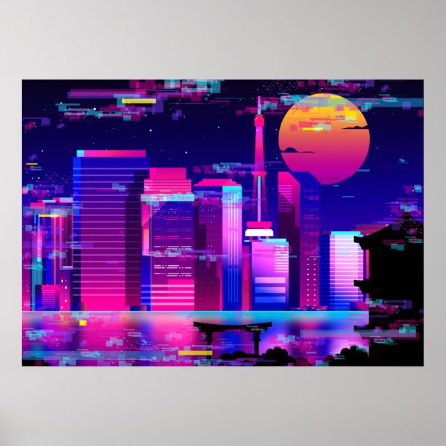 Synthwave Neon City - Tokio glitch Poster (Framsidan)