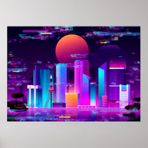 Synthwave Neon City - Tokio glitch Poster