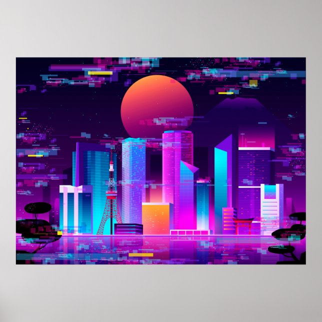 Synthwave Neon City - Tokio glitch Poster (Framsidan)