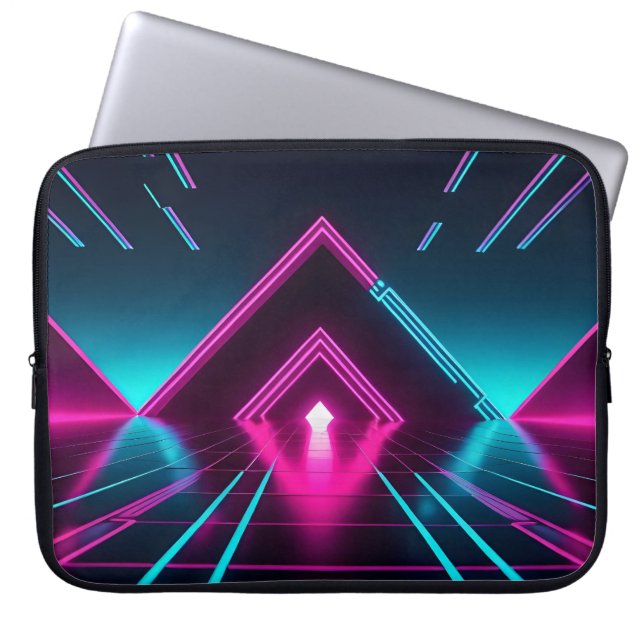 Synthwave Neon Pyramid Tunnel Lysande Cyberpunk Laptop Fodral (Framsidan)