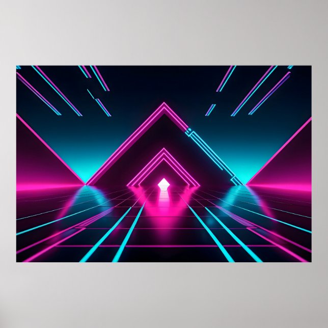 Synthwave Neon Tunnel Lysande Pyramid Abstrakt Poster (Framsidan)