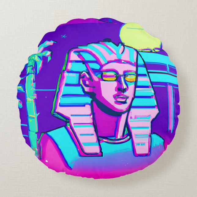 Synthwave Pharaoh Rund Kudde (Framsidan)