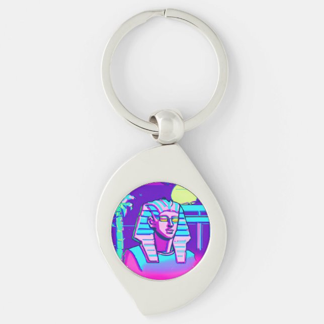 Synthwave Pharaoh Swirl Silverfärgad Nyckelring (Framsidan)