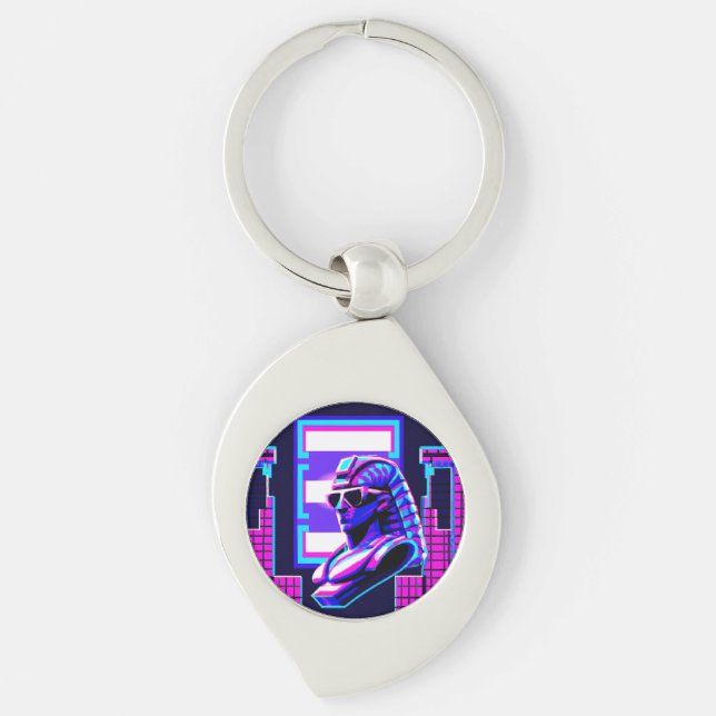 Synthwave Pharaoh Swirl Silverfärgad Nyckelring (Framsidan)