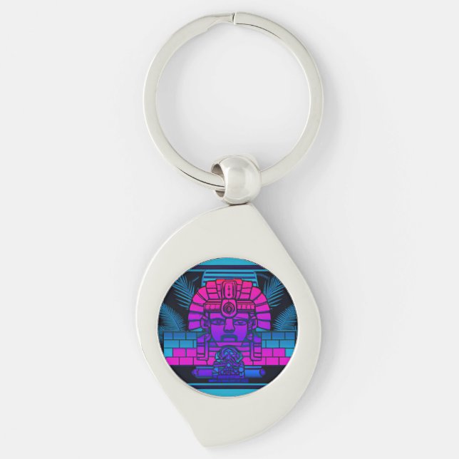 Synthwave Pharaoh Swirl Silverfärgad Nyckelring (Framsidan)