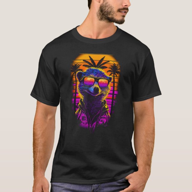 Synthwave Retrowave Meerkat med sollasses Retro T Shirt (Framsida)