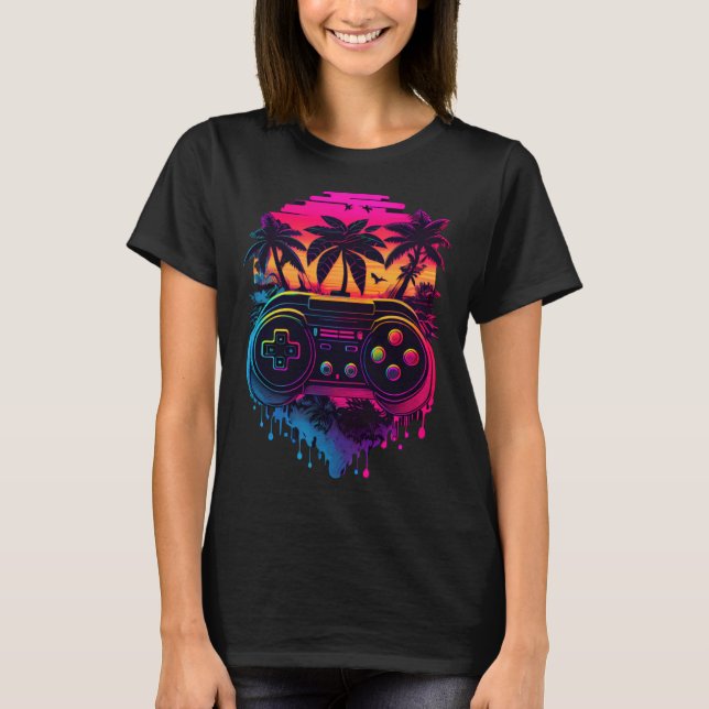 Synthwave Retrowave Video Game Controller färgstar T Shirt (Framsida)