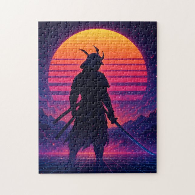 Synthwave Samurai – Retro Futuristic Neon Art Pussel (Vertikal)