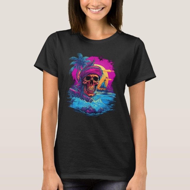 Synthwave Shipwreck Synth Inspired Pirat Skull T Shirt (Framsida)