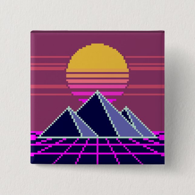 Synthwave sunset over pyramids pixel art Button Knapp (Framsida)
